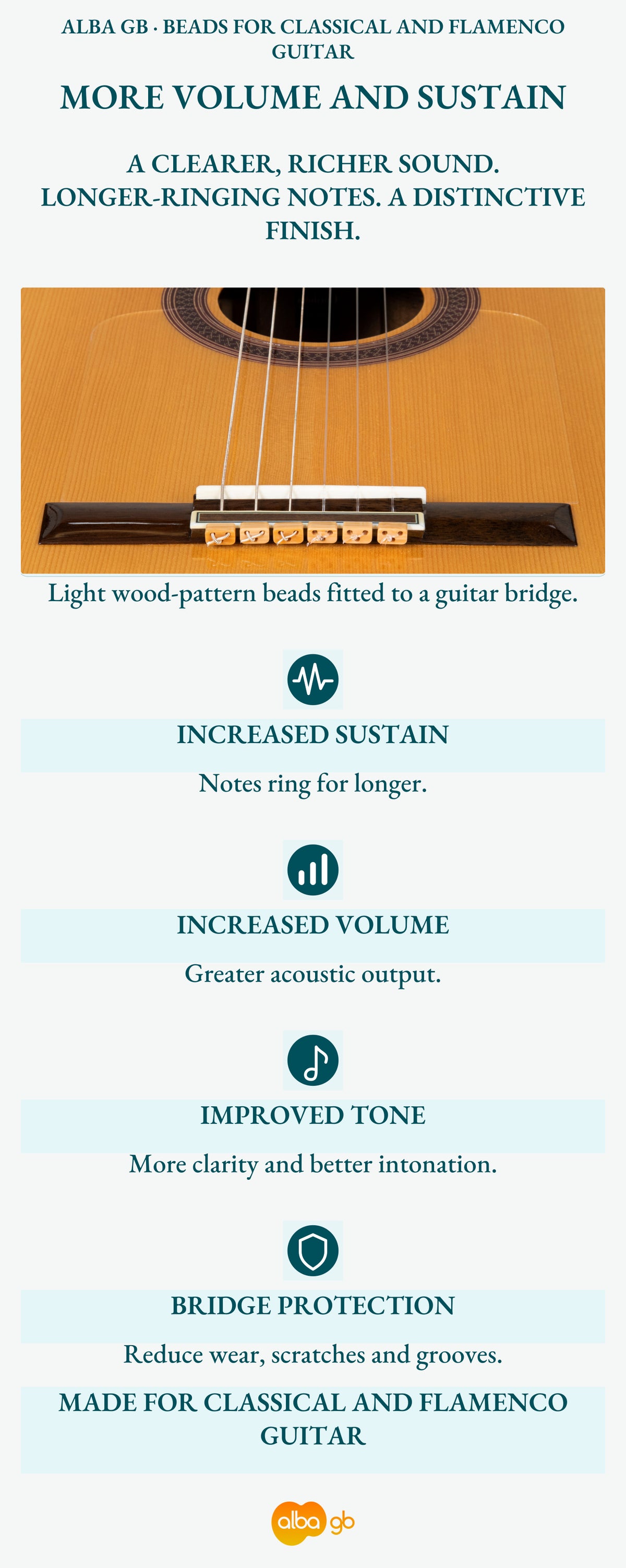 Alba Guitar Beads avec motif en bois clair pour guitare classique guitare flamenco acoustique