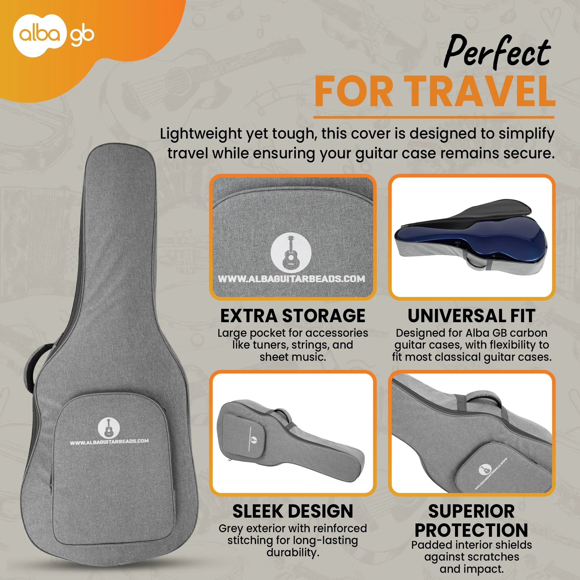 Alba Guitar Beads protective cover for carbon guitar cases, travel cover for a classical guitar and flamenco guitar carbon cases