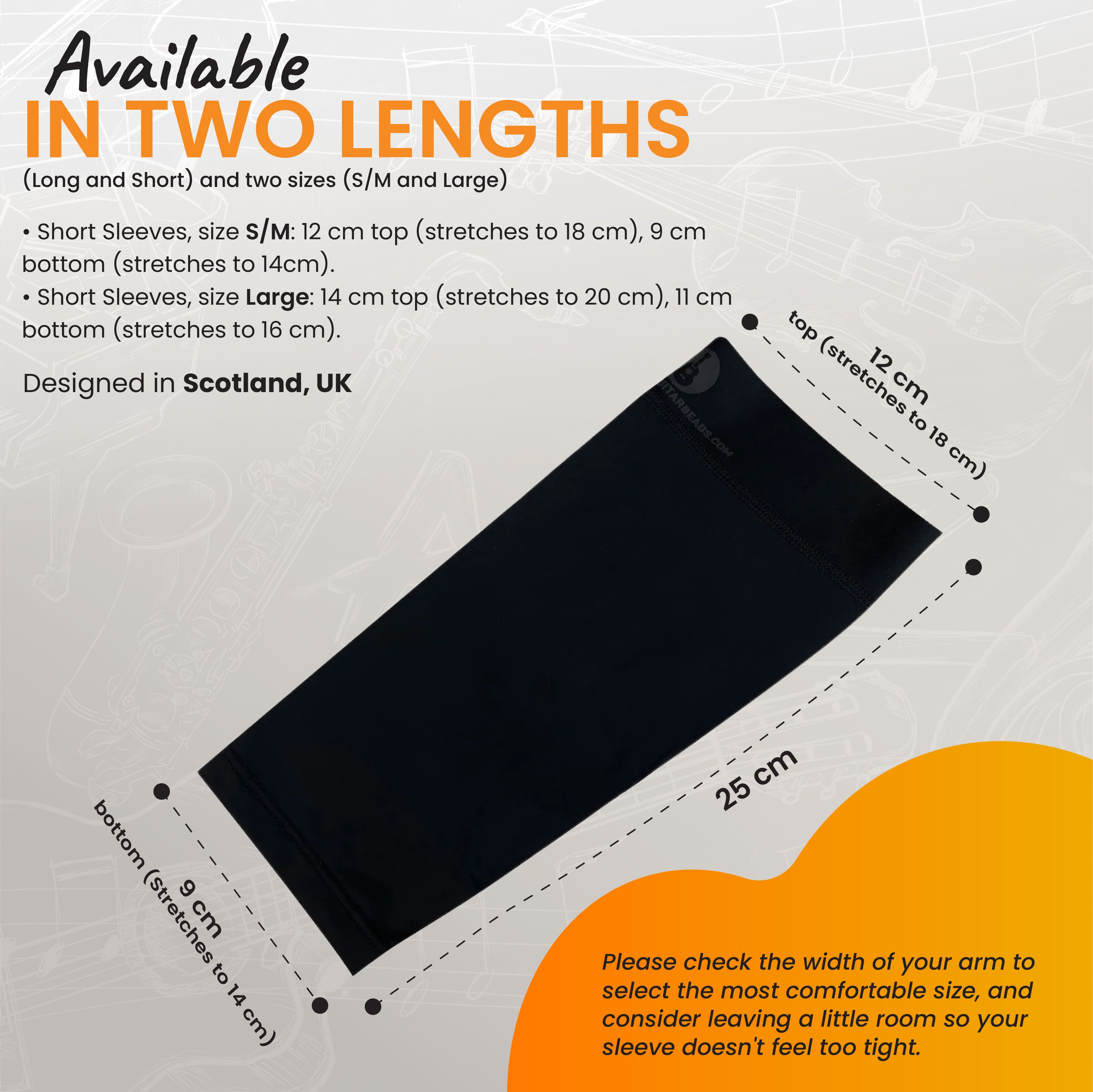 Alba GB Preto Manga Curta Tamanho Grande - Proteção de braço para guitarristas clássicos e flamencos