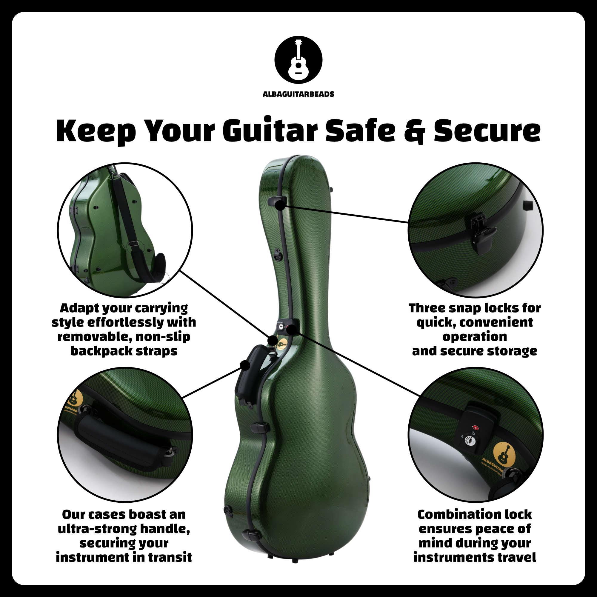Alba Guitar Beads Case Grüner Carbon-Muster-Glanz für klassische Gitarre, Akustikgitarre, Flamenco-Gitarrenkoffer