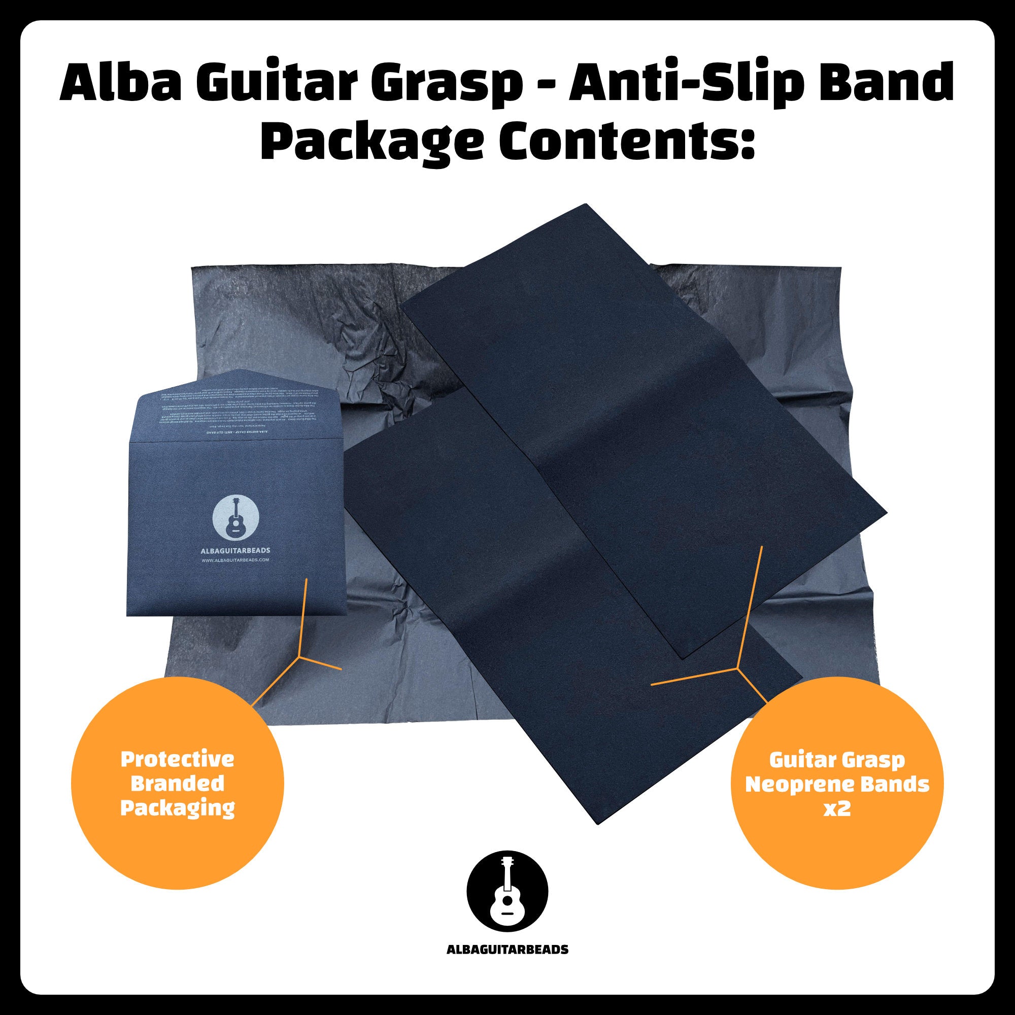ALBA GUITAR BEADS– ANTI-SLIP Neoprene mats for Classical guitar, Neoprene band, Non-slip, Size Large, Black
