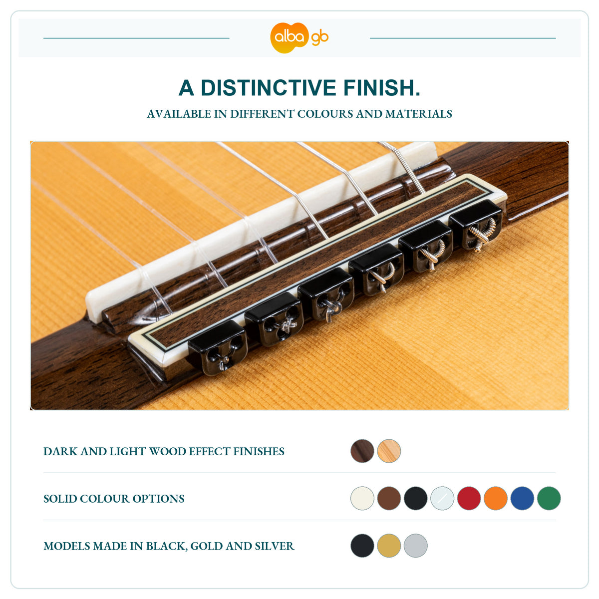 Close-up of black gloss guitar beads with wood, solid-colour and metal finish swatches.