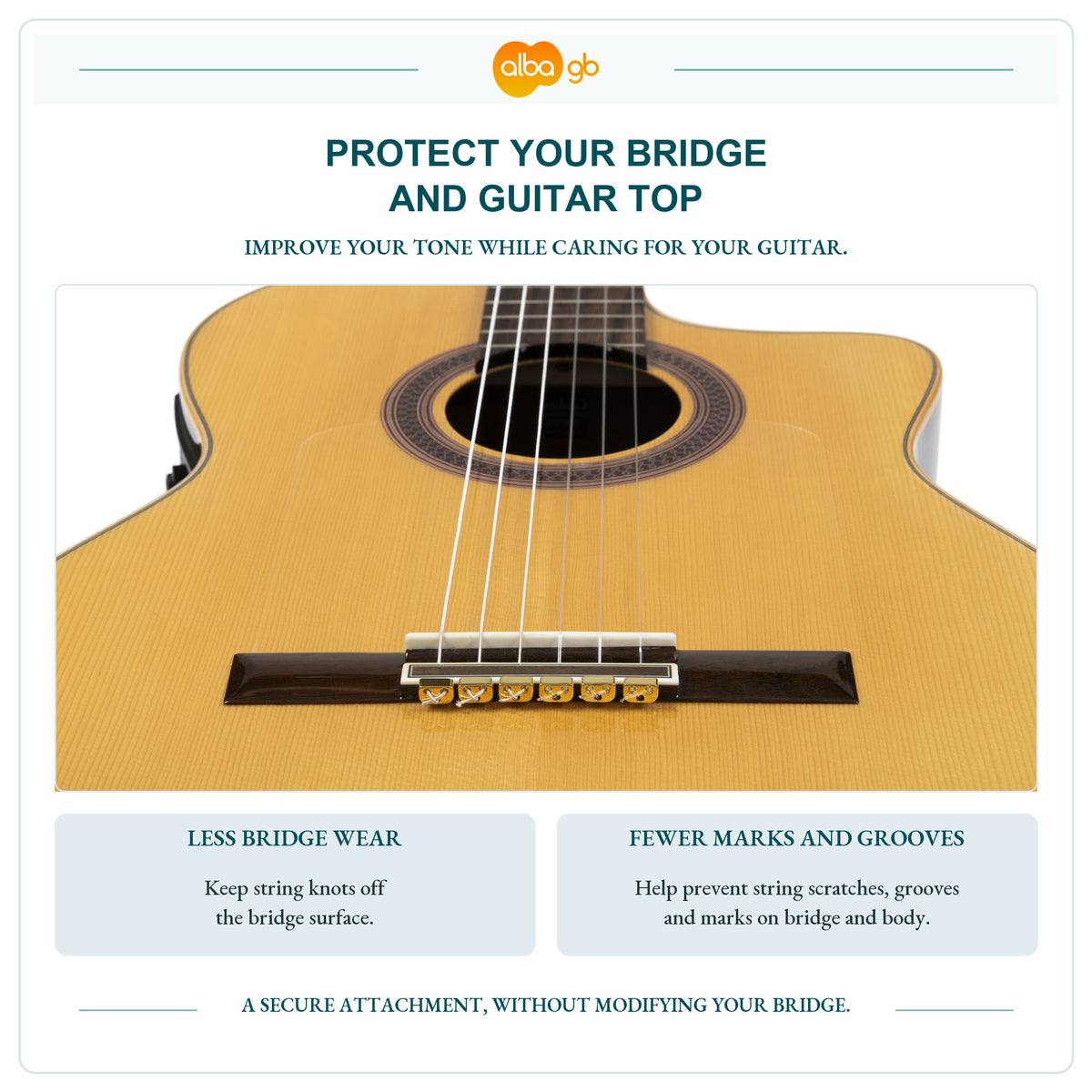 Classical guitar fitted with gold-coloured metal beads to protect the bridge and guitar top.