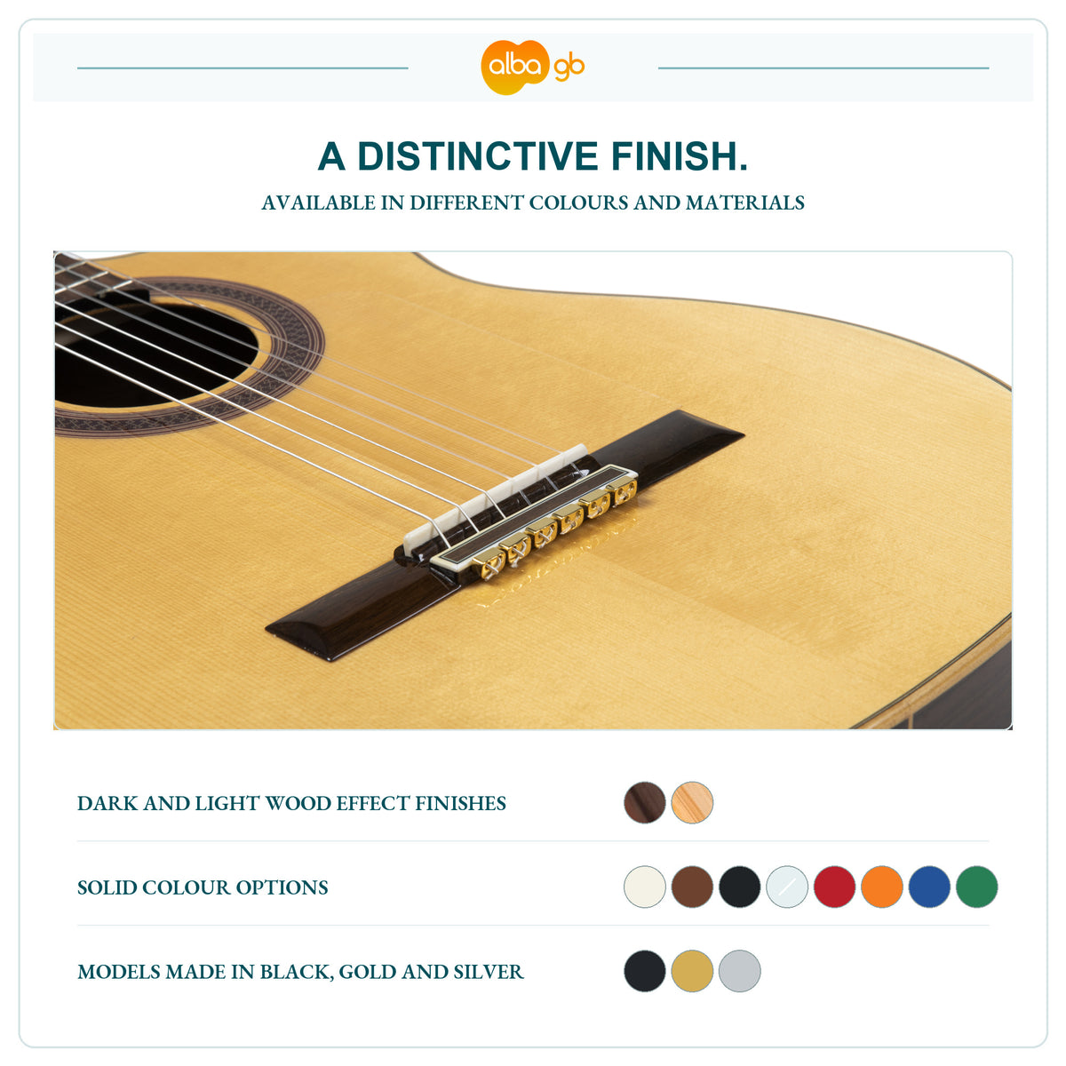 Close-up of gold-coloured metal guitar beads with wood, solid-colour and metal finish swatches.