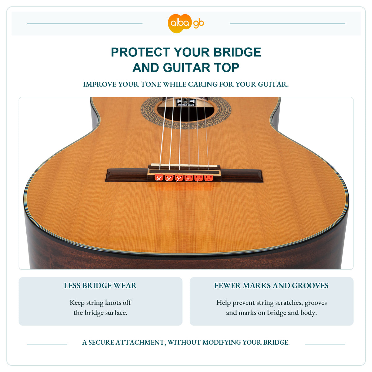 Classical guitar fitted with red gloss beads to protect the bridge and guitar top.