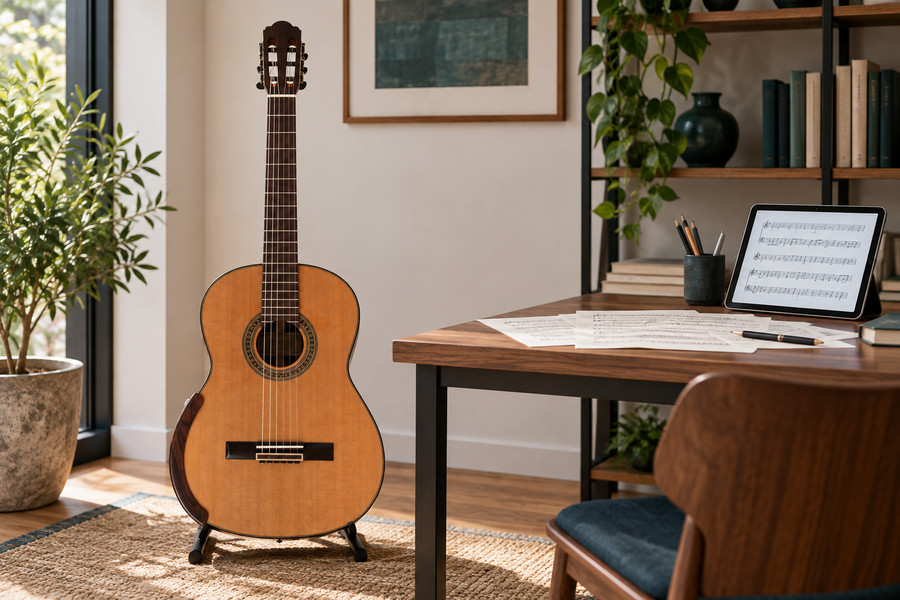 Manuscript notes, score proofs and a classical guitar in an Alba GB Editions workspace