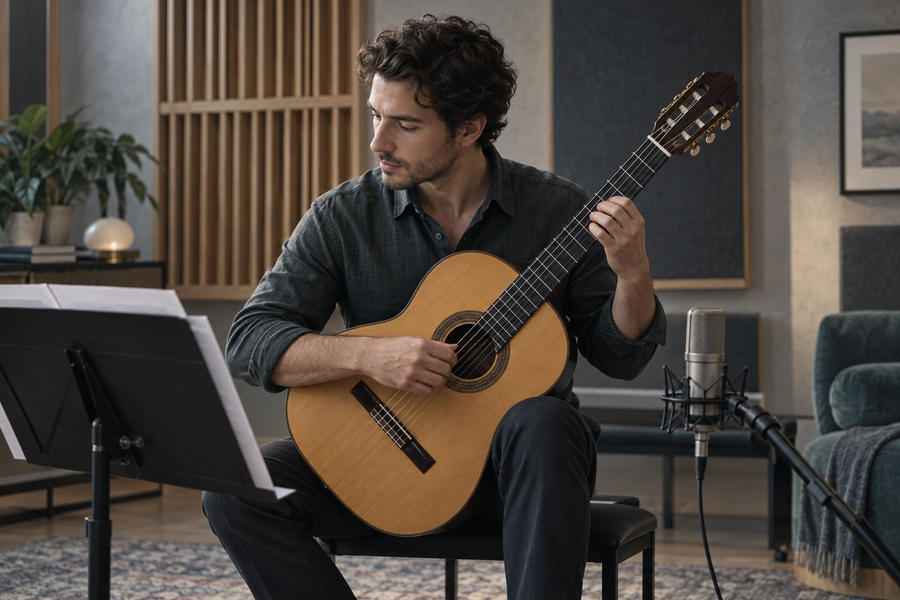 Classical guitarist preparing a score for a recorded musical presentation