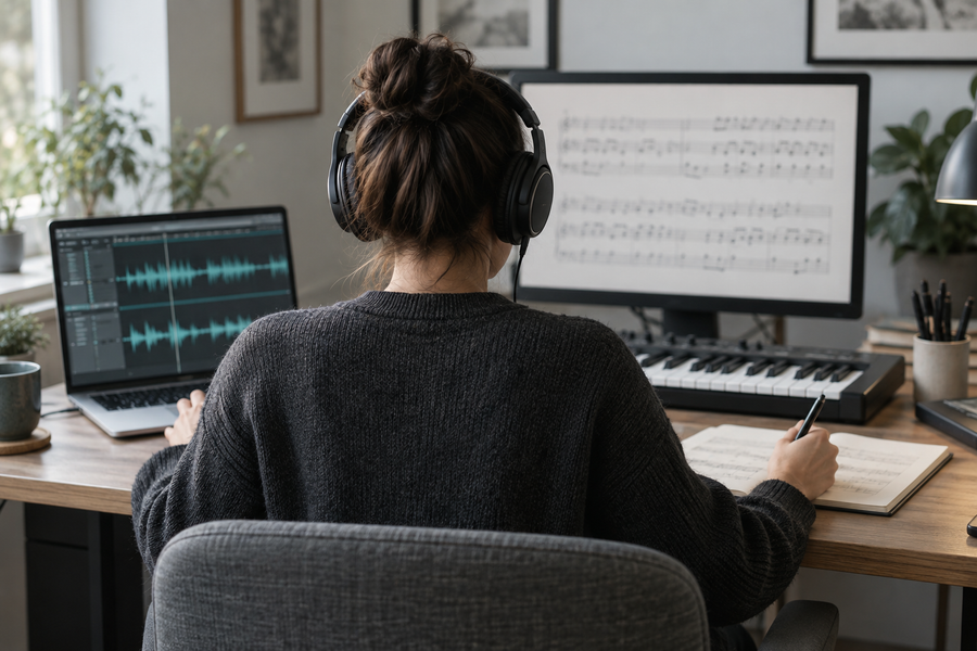 Music transcription workspace combining audio review and notation preparation