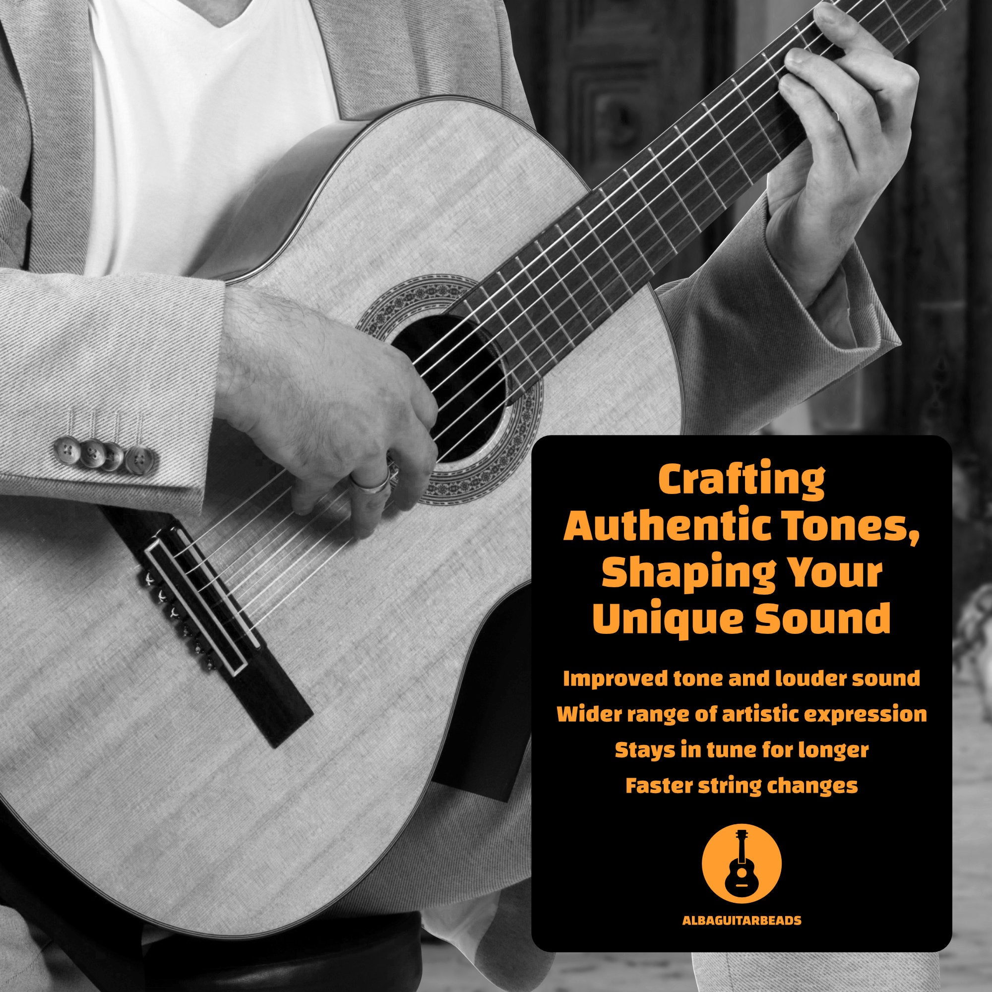 Weiß glänzende Alba Guitar Beads für Klassische Gitarren, Flamenco Gitarren- und Akustik Gitarren mit Nylonsaiten