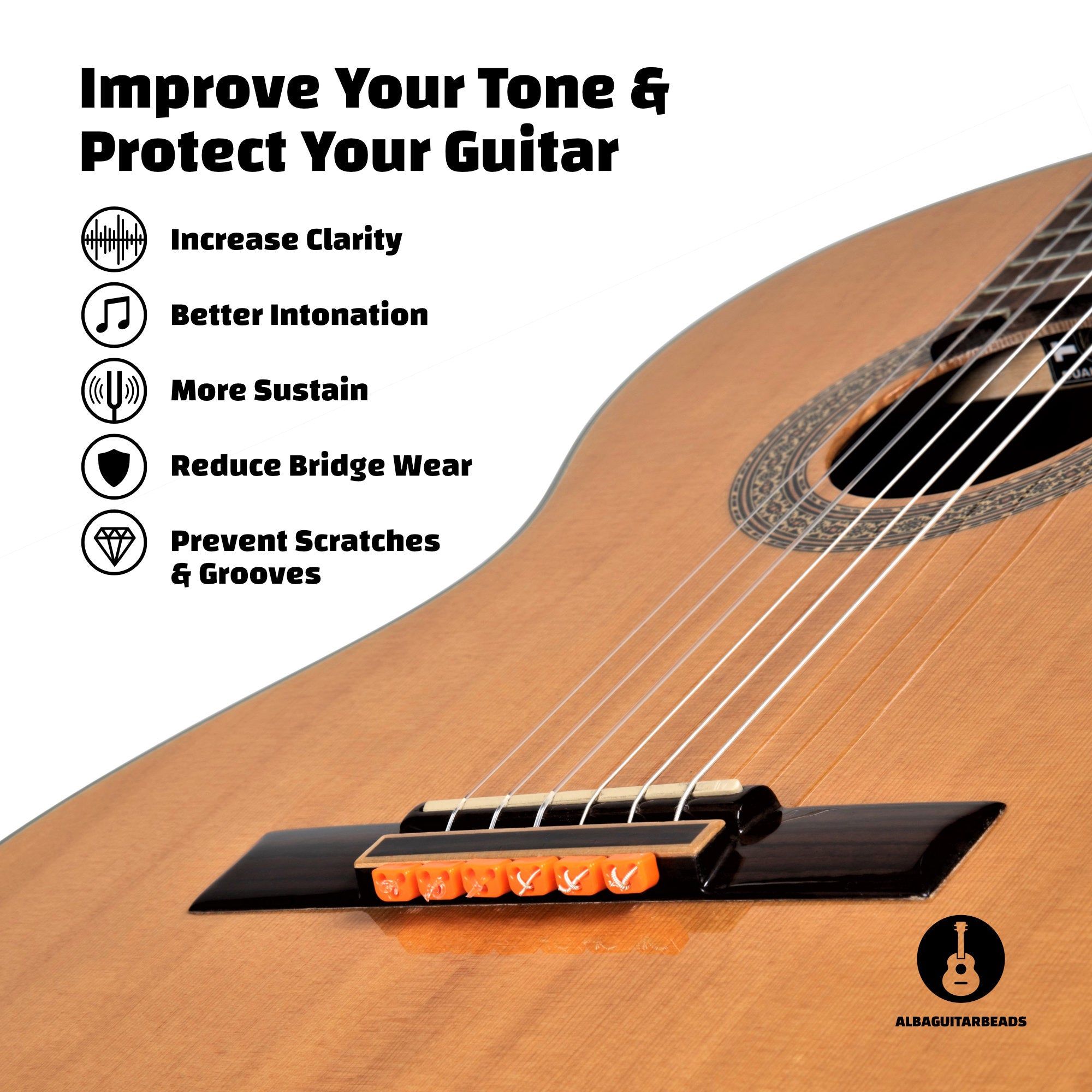 Alba Guitar Beads de plástico laranja brilhante para violão clássico violão flamenco com cordas de nylon