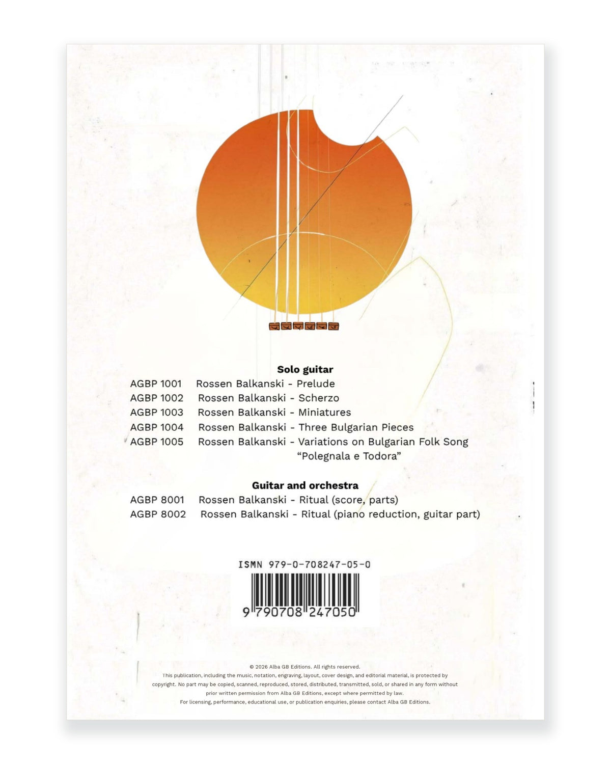 Back cover of Three Bulgarian Pieces for Solo Guitar — Rossen Balkanski, Alba GB Editions, AGBP 1004