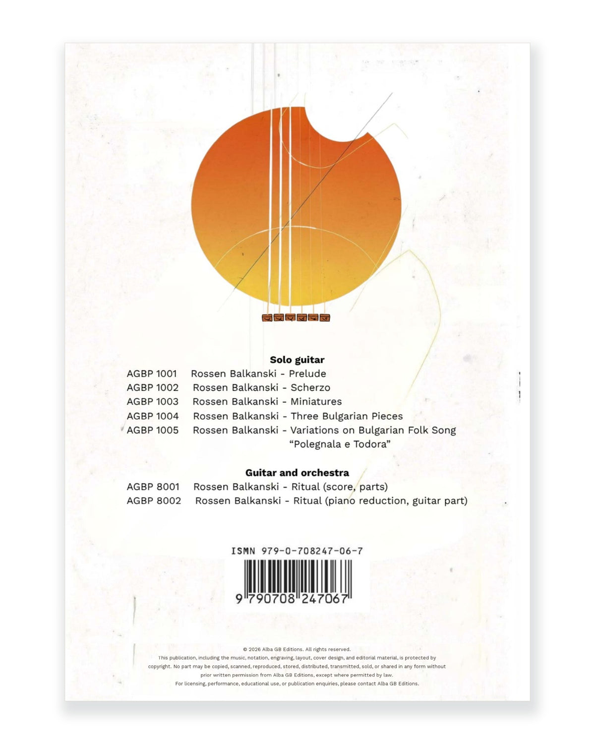 Back cover of Variations on the Bulgarian Folk Song Polegnala e Todora for Solo Guitar — Rossen Balkanski, Alba GB Editions, AGBP 1005