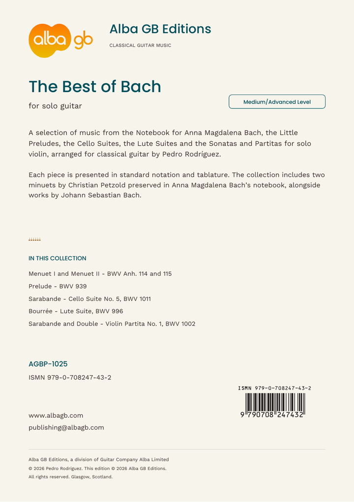 Back cover of The Best of Bach with contents, AGBP-1025, ISMN barcode and Medium/Advanced Level badge.