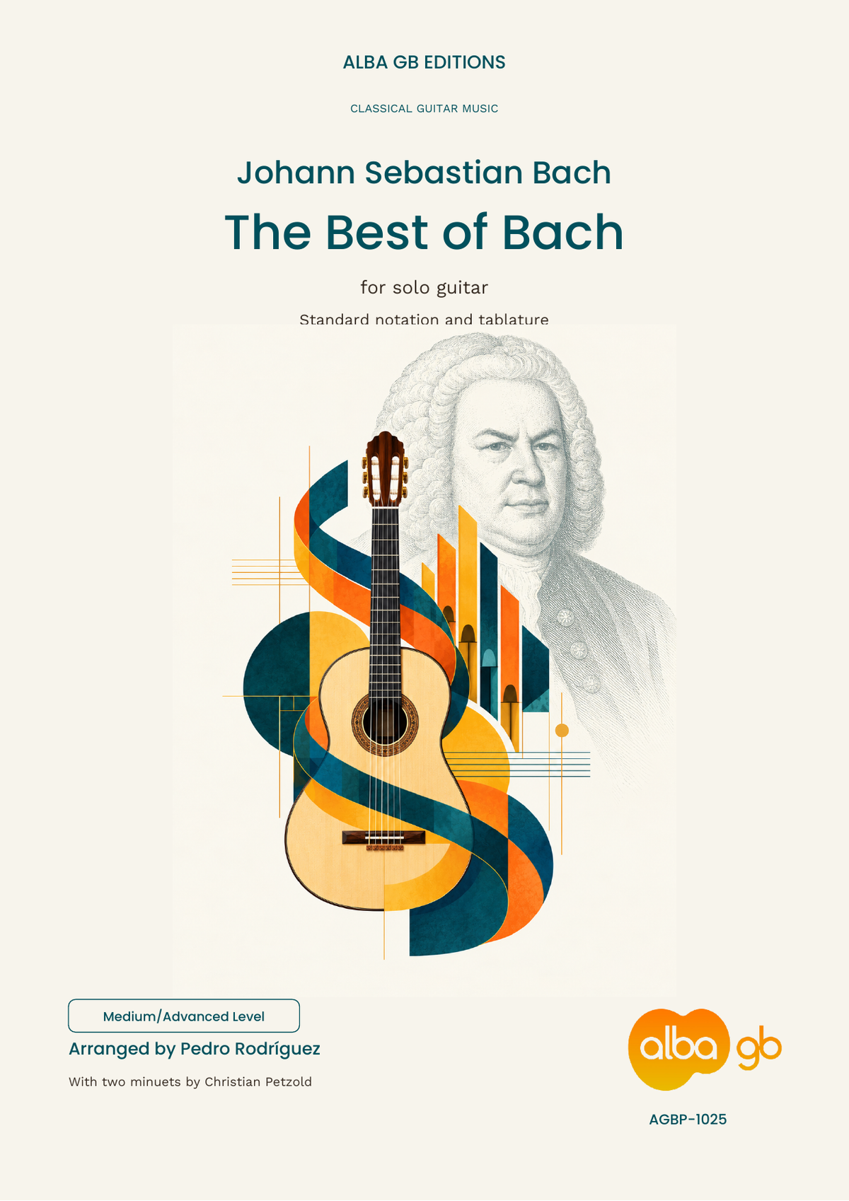 Front cover of The Best of Bach for solo guitar, arranged by Pedro Rodríguez, with a Bach portrait, guitar artwork and Medium/Advanced Level badge.