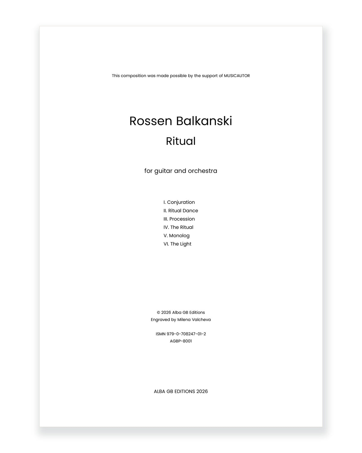 Front cover of Ritual: Full Score and Orchestral Material for Guitar and Orchestra — Rossen Balkanski, Alba GB Editions, AGBP 8001