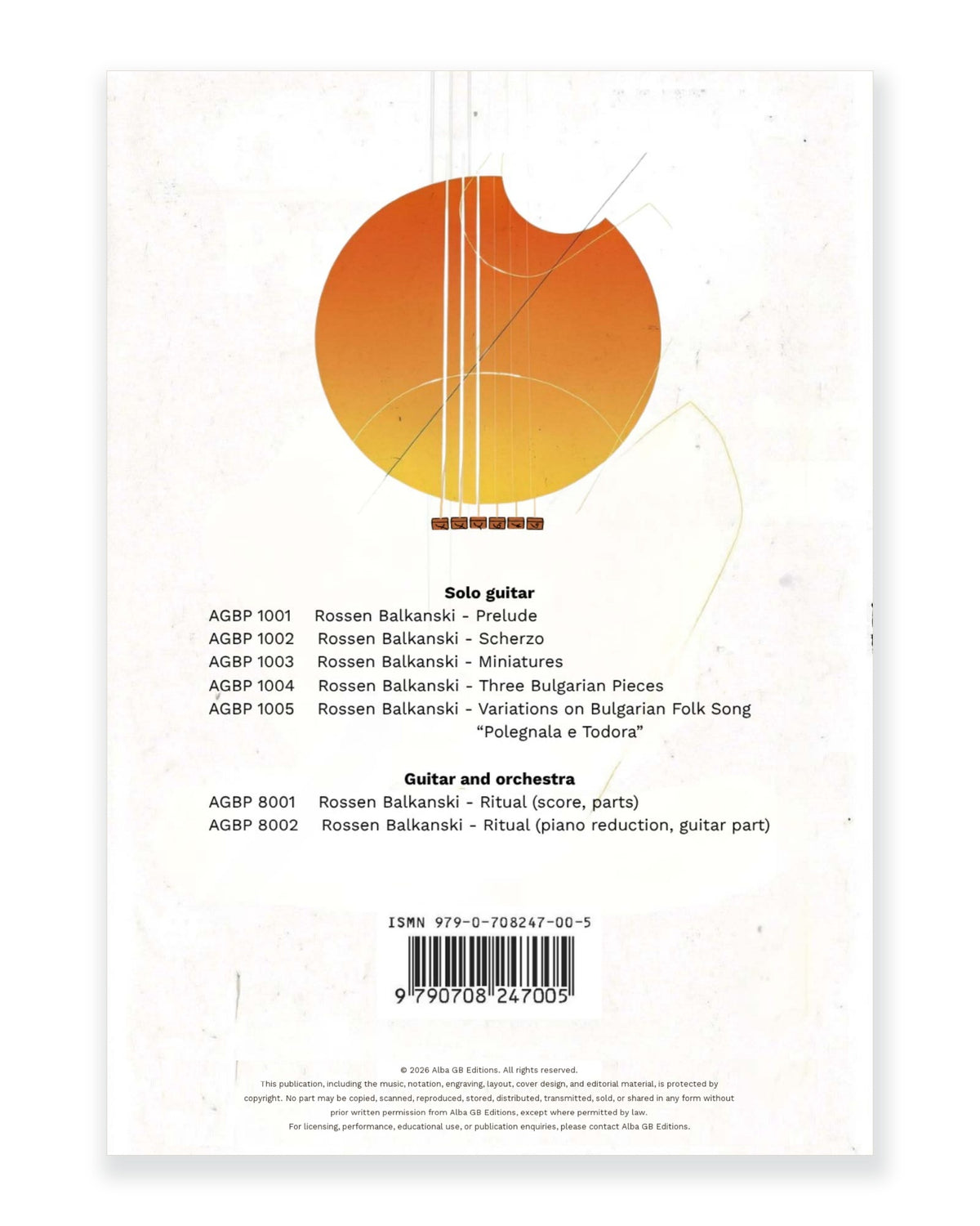 Back cover of Ritual: Piano Reduction and Solo Guitar Part for Guitar and Orchestra — Rossen Balkanski, Alba GB Editions, AGBP 8002