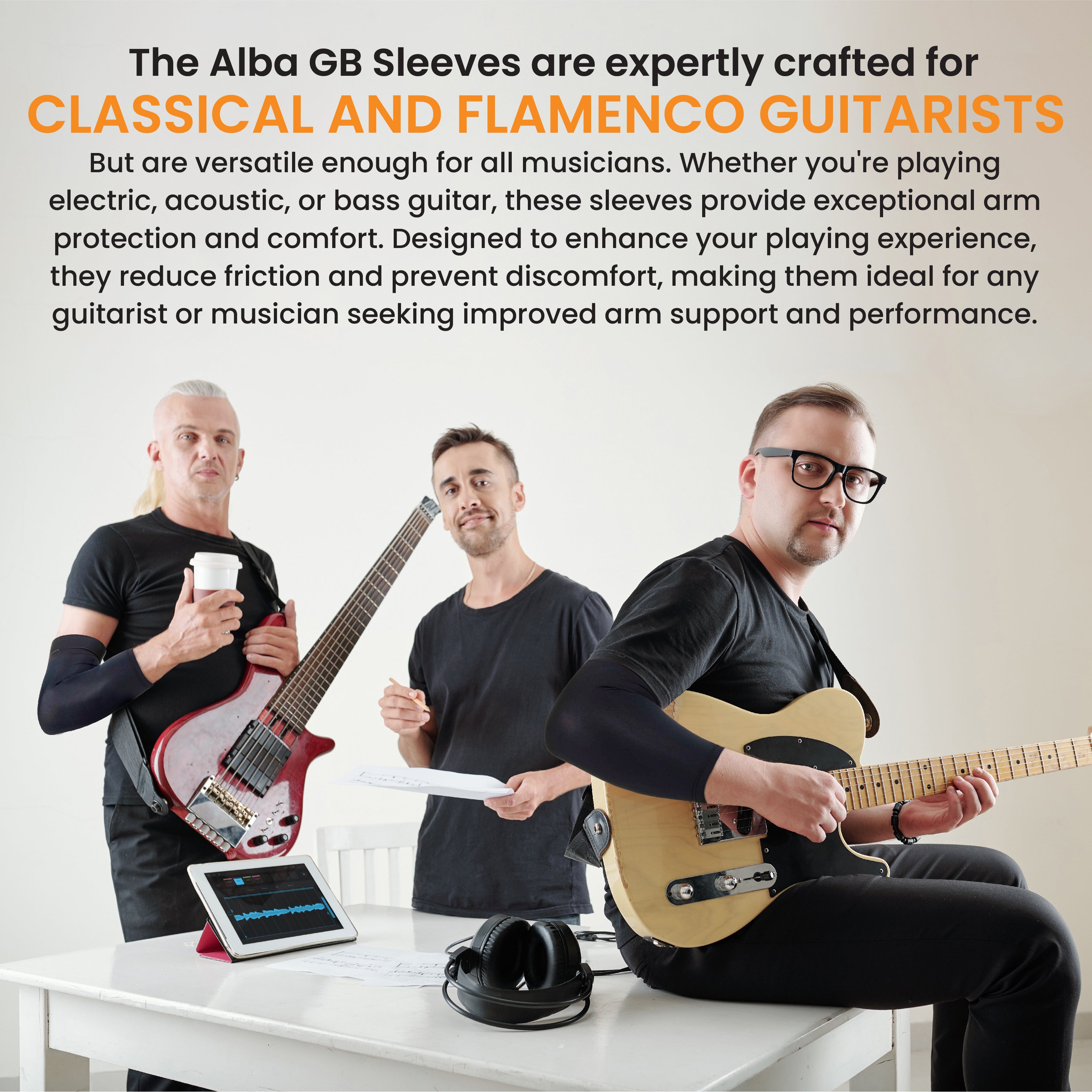 Alba Guitar Beads Black Short Sleeves Size Small/ Medium - Arm protection for Classical and Flamenco guitarists