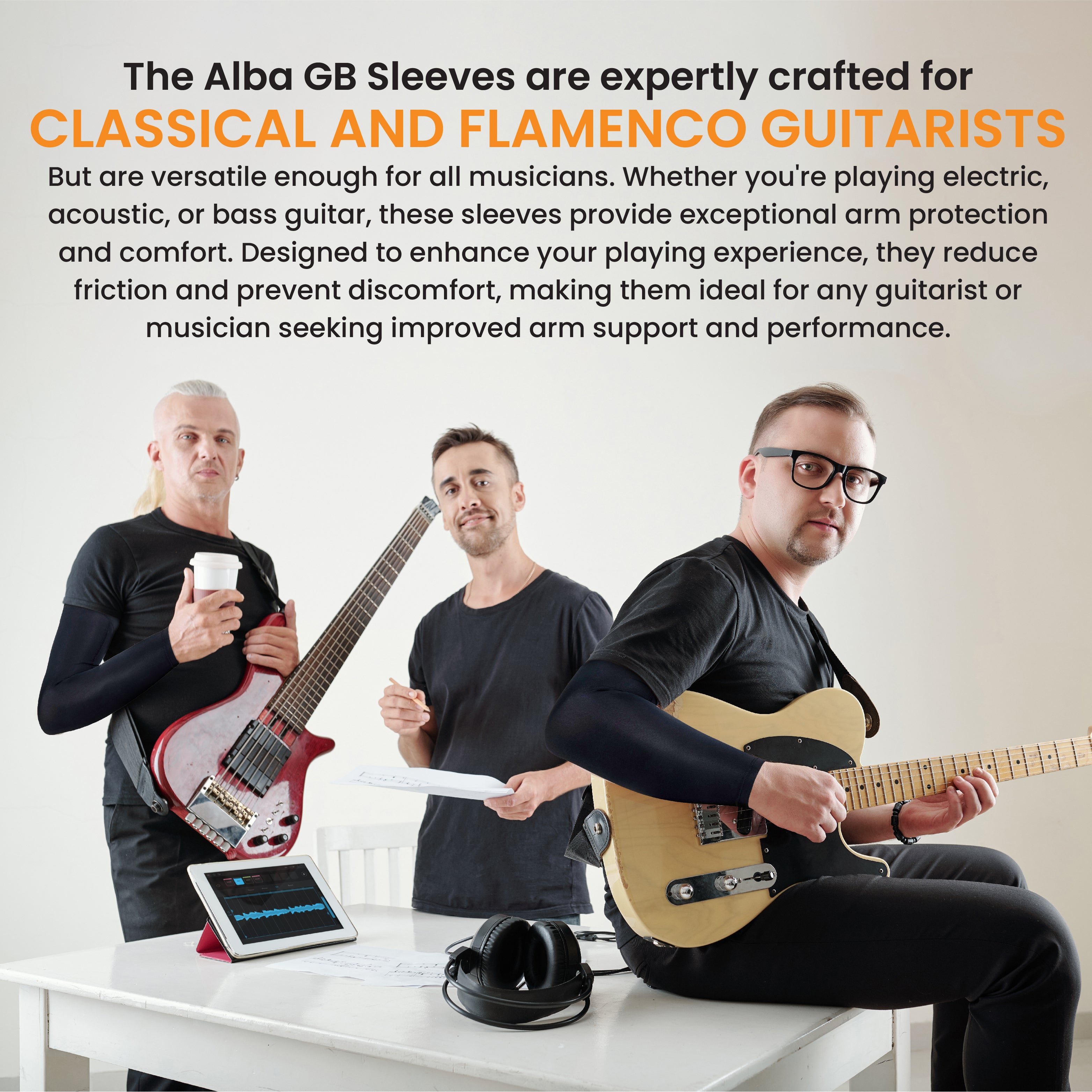 Alba Guitar Beads Long Black Sleeves Size Large - Arm protection for Classical and Flamenco guitarists