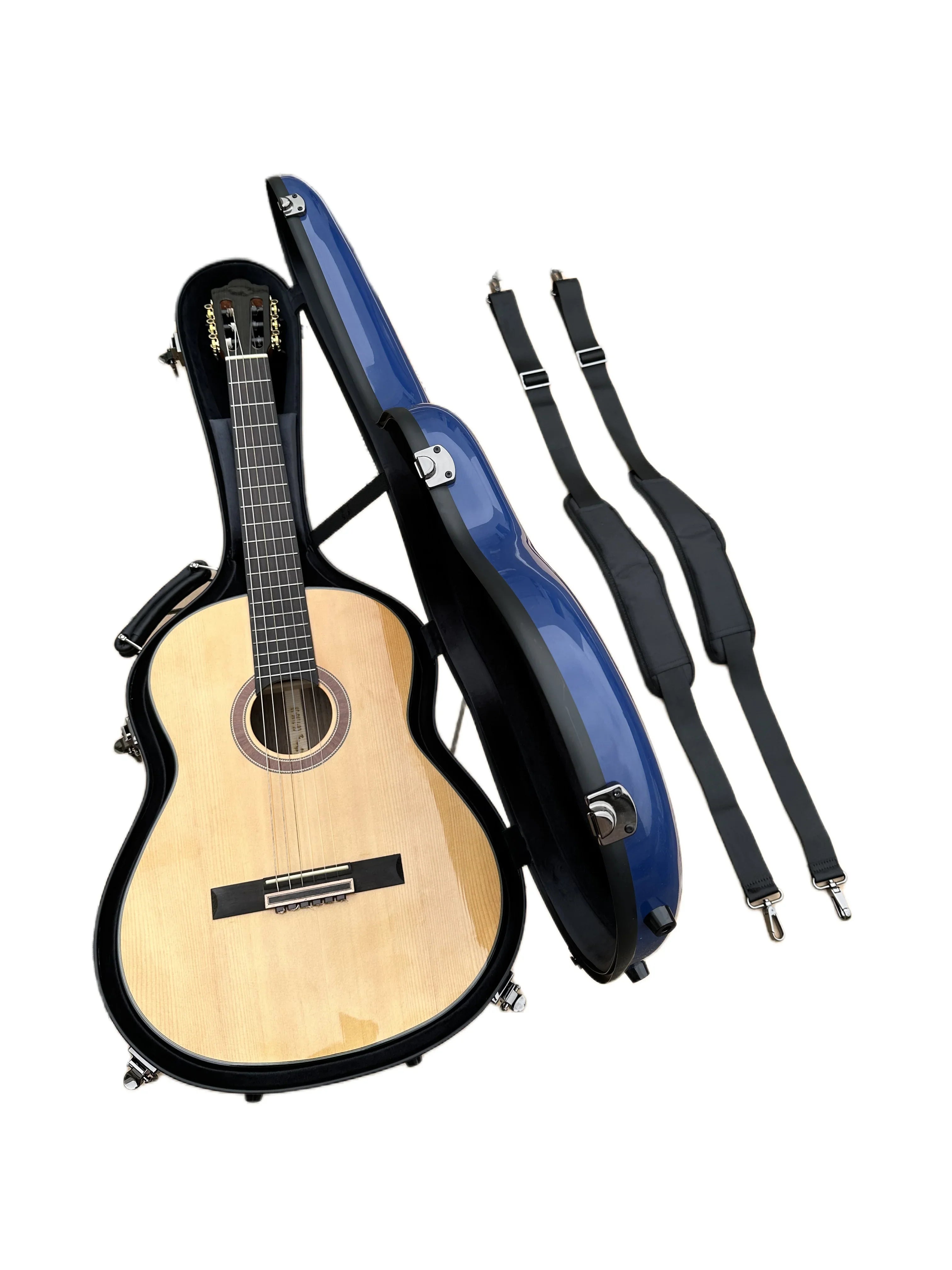 Custodia blu lucida in fibra di vetro per chitarra classica acustica, chitarra flamenco