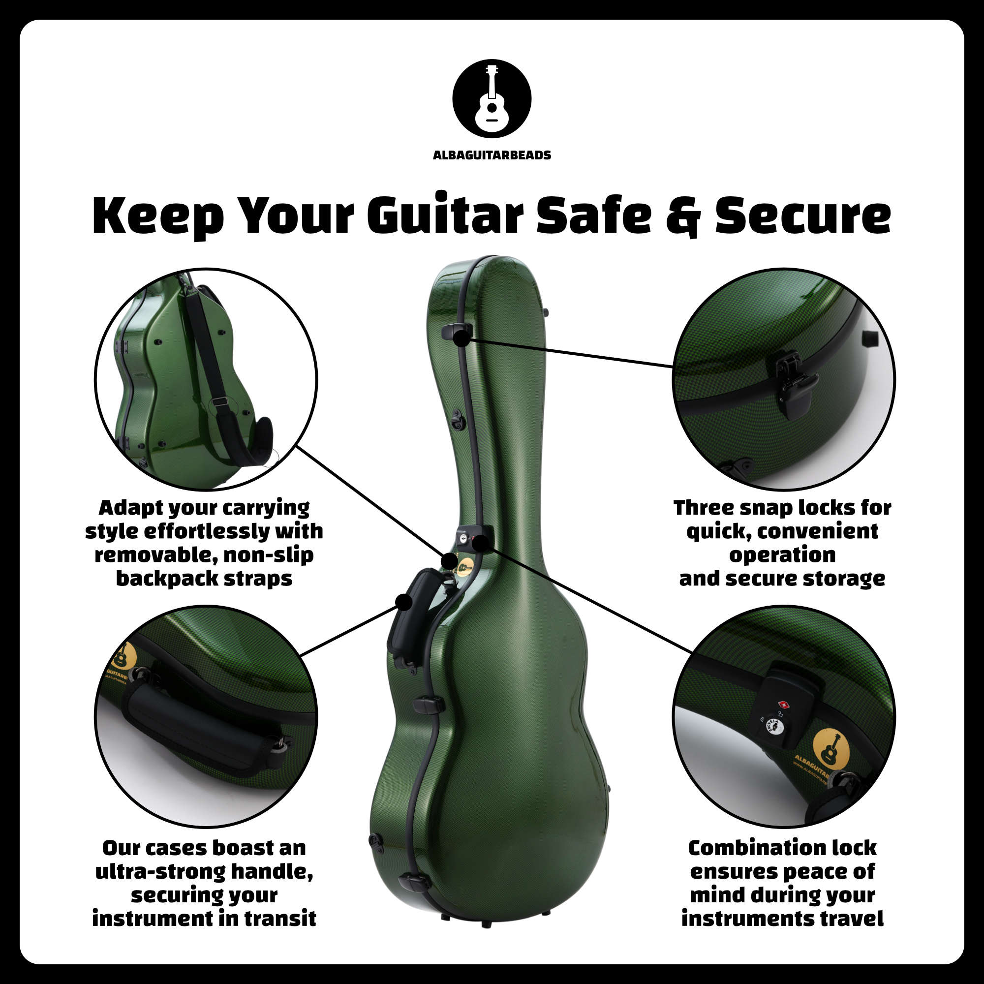 Alba Guitar Beads- Estojo com padrão de carbono verde brilhante para guitarra clássica acústica, estojo de guitarra flamenco