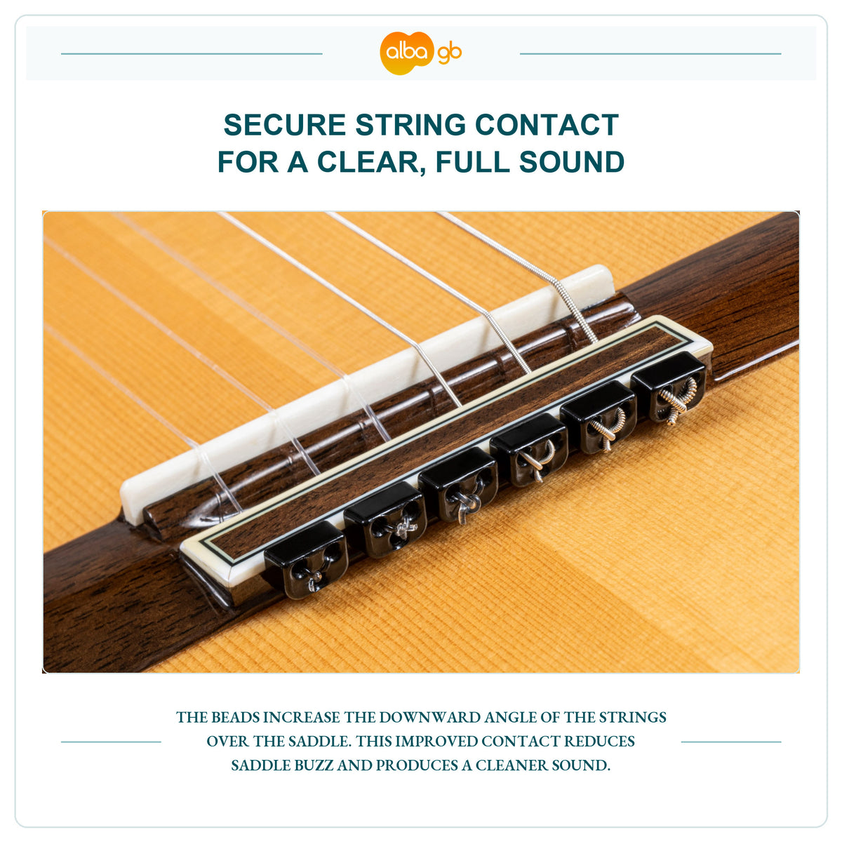 Black gloss beads anchoring strings behind the guitar saddle.