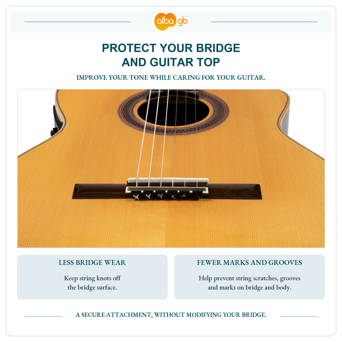 Classical guitar fitted with black gloss beads to protect the bridge and guitar top.