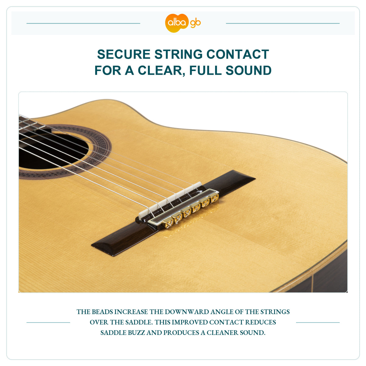 Gold-coloured metal beads anchoring strings behind the guitar saddle.