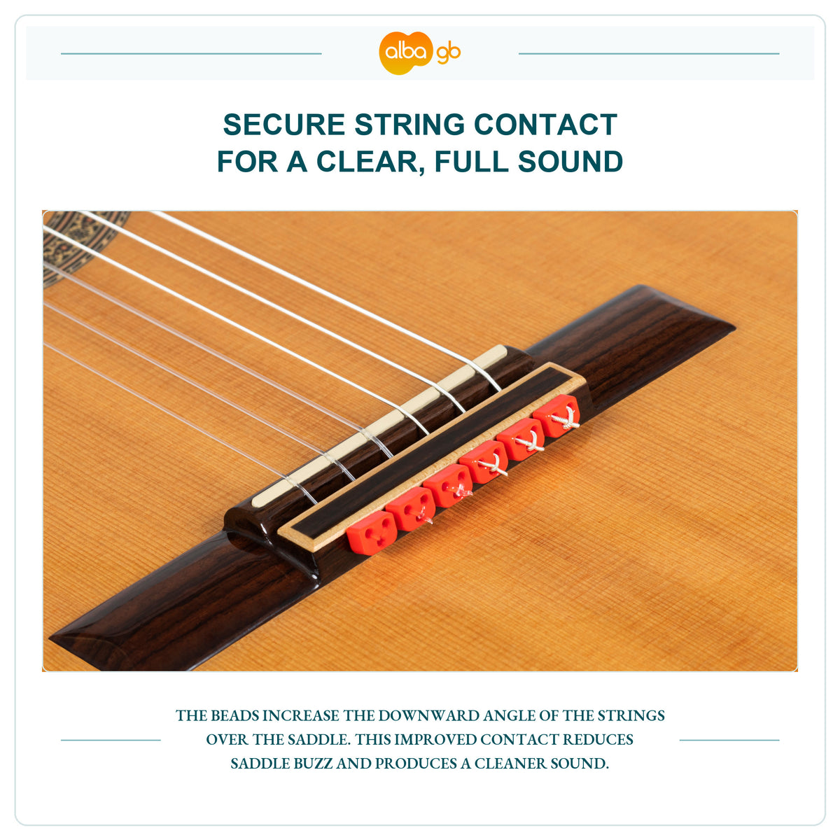 Red gloss beads anchoring strings behind the guitar saddle.