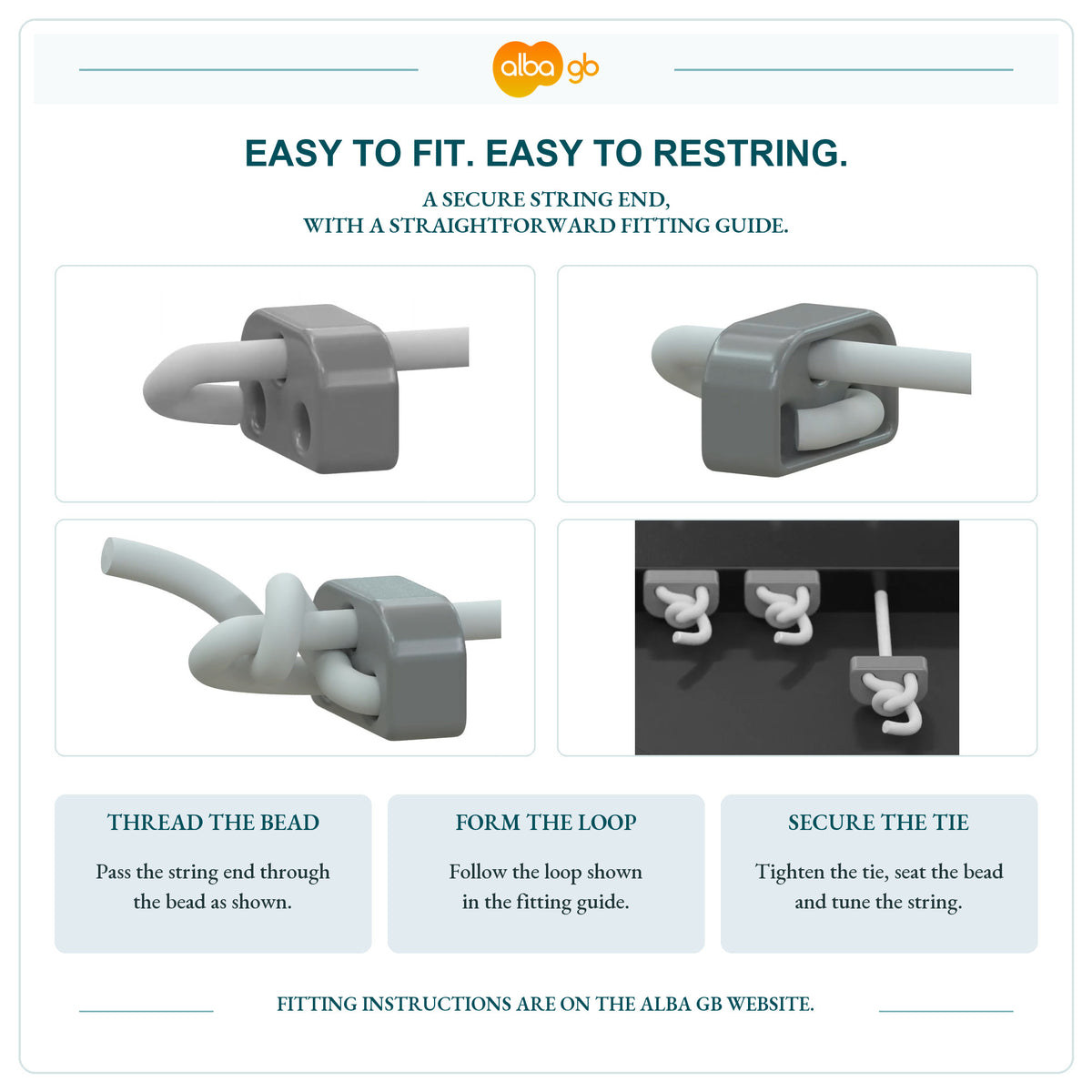 Four fitting diagrams showing how to thread and secure guitar beads.