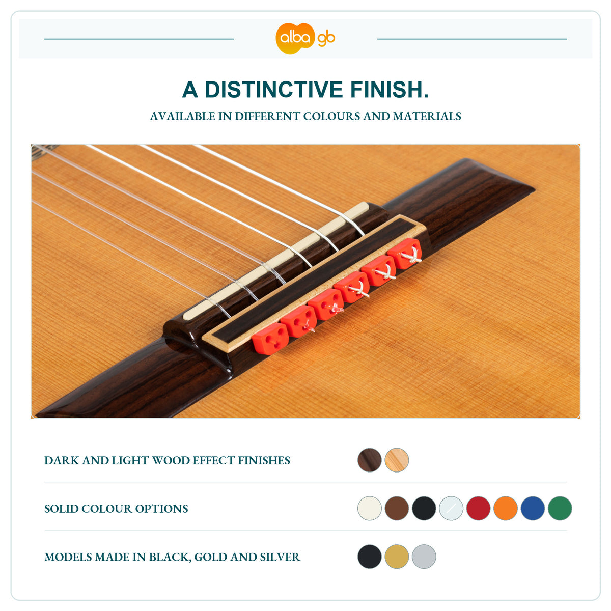 Close-up of red gloss guitar beads with wood, solid-colour and metal finish swatches.