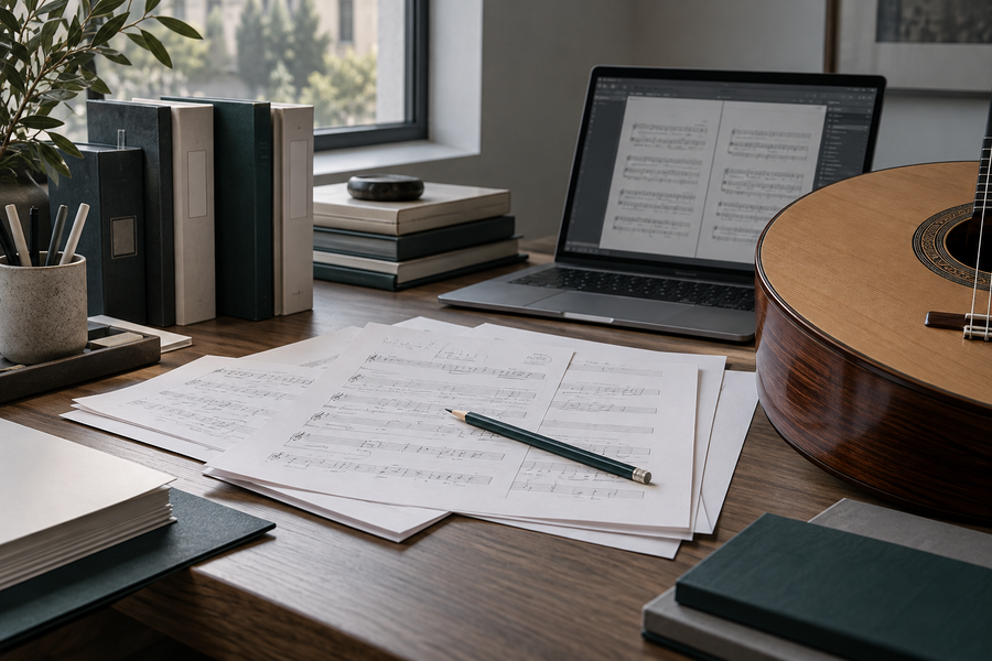 Manuscript notes, score proofs and a classical guitar in an Alba GB Editions workspace