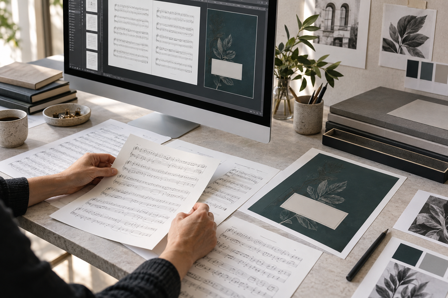Score pages and cover layouts being organised in a professional design workspace