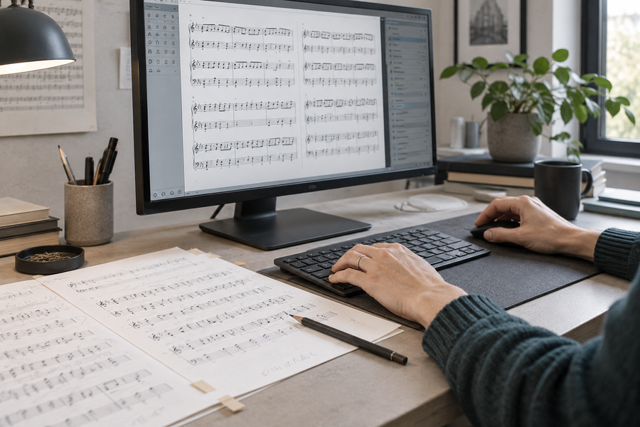 Music engraving workspace with notation being prepared from marked source pages