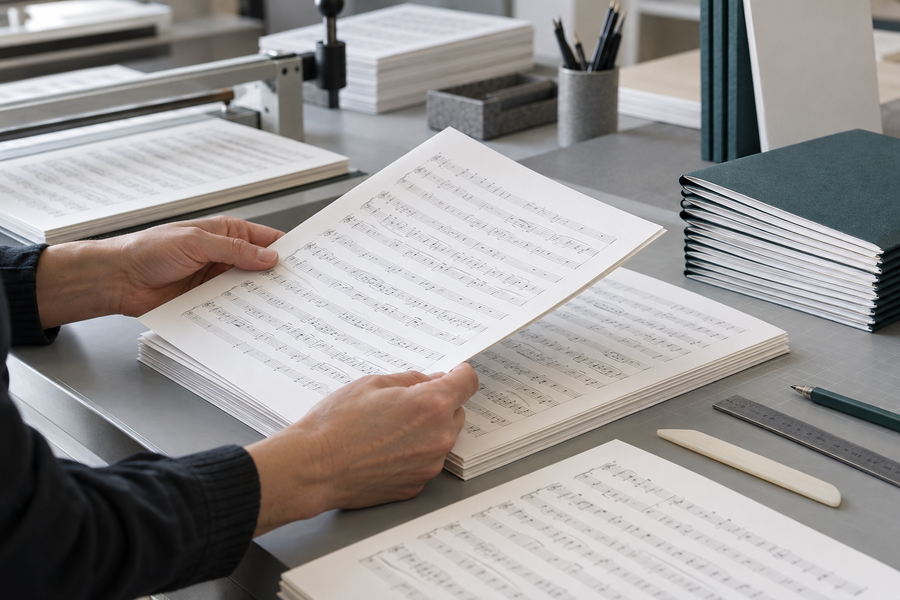 Printed scores, proof sheets and binding materials in a clean production setting